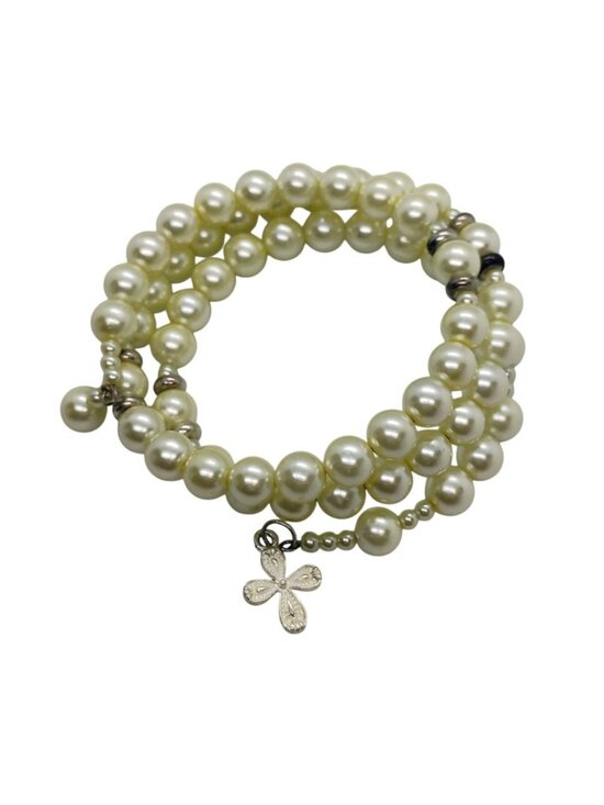 Unknown Jewelry - Coil Wrap Faux Pearl Bracelet w/Silver Tone Beads & Cross Charm